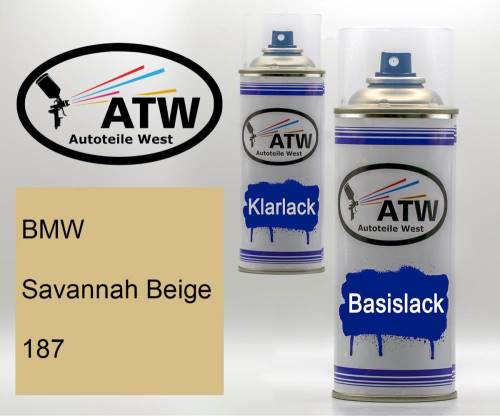 BMW, Savannah Beige, 187: 400ml Sprühdose + 400ml Klarlack - Set, von ATW Autoteile West.